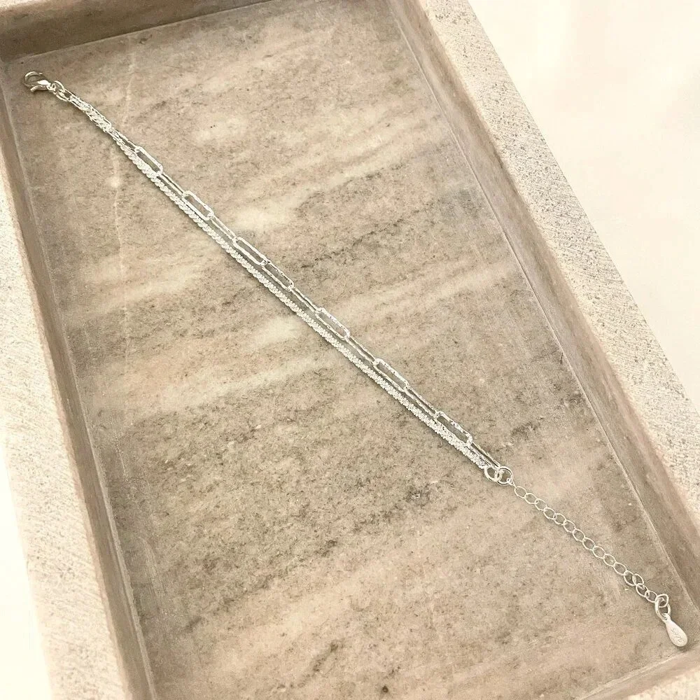 925 Sterling Silver Thin Multi Layer Bracelet Sequin Paperclip Link Bracelet - Picture 5 of 5